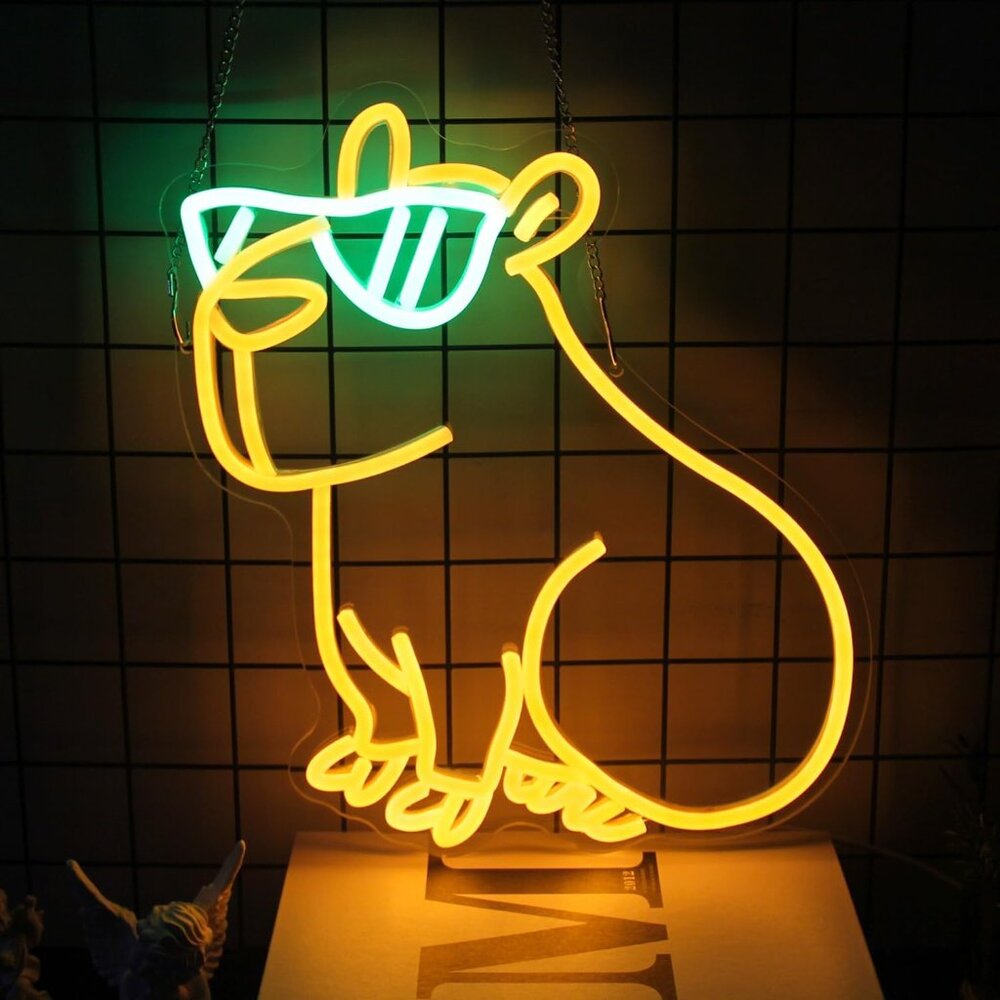 New Capybara Neon Sign – Cool Animal with Glasses, Yellow Green LED Wall Light